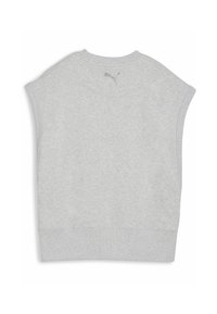 Gray sweatshirt with short sleeves, round neckline, smooth texture, and ribbed hem. Features a subtle logo detail near the collar.