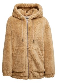Sweat à capuche zippé couleur fauve, douillet, avec poches avant et cordons de serrage sur la capuche, en tissu polaire teddy doux.