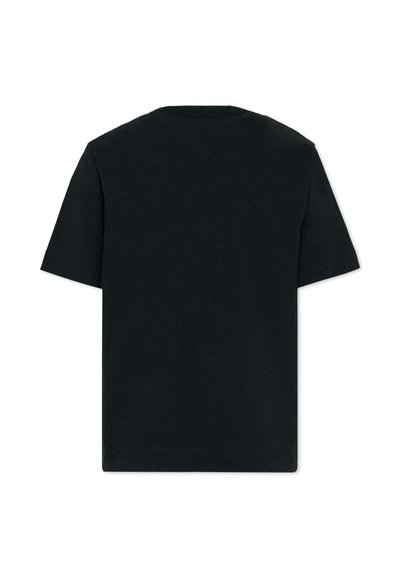 Czarna koszulka z krótkim rękawem i okrągłym dekoltem, wykonana z bawełnianej tkaniny. Charakteryzuje się jednolitym kolorem bez widocznych logo ani wzorów.