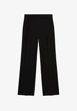 Črne hlače širokega kroja, z ravnim sprednjim delom, dvema stranskima žepoma in ostrimi pregibi za urejen videz.
