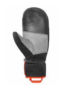 Zwarte leren en grijze textiel handschoen met een gestructureerd oppervlak, elastische pols en een oranje band aan de manchet voor een veilige pasvorm.