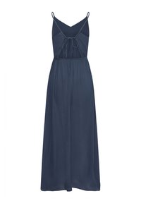 Robe longue bleu marine sans manches avec fines bretelles, encolure en V et détail noué à l'avant au-dessus de la taille froncée.
