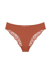 Brązowe kostiumy kąpielowe typu briefs z gładkiego materiału, z falbaniastego koronkowego wykończenia z wzorem w liście po bokach. Klasyczny fason.