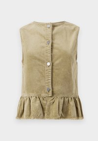 Khakifarbenes Cordtop ohne Ärmel mit Rundhalsausschnitt, vorderer Druckknopf-Leiste und einem Rüschensaum. Der strukturierte Stoff weist vertikale Streifen auf.
