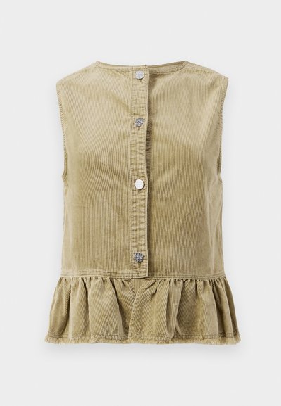 Top sem mangas de corduroy caqui com decote redondo, botões de pressão frontais e bainha com babados. O tecido texturizado apresenta riscas verticais.