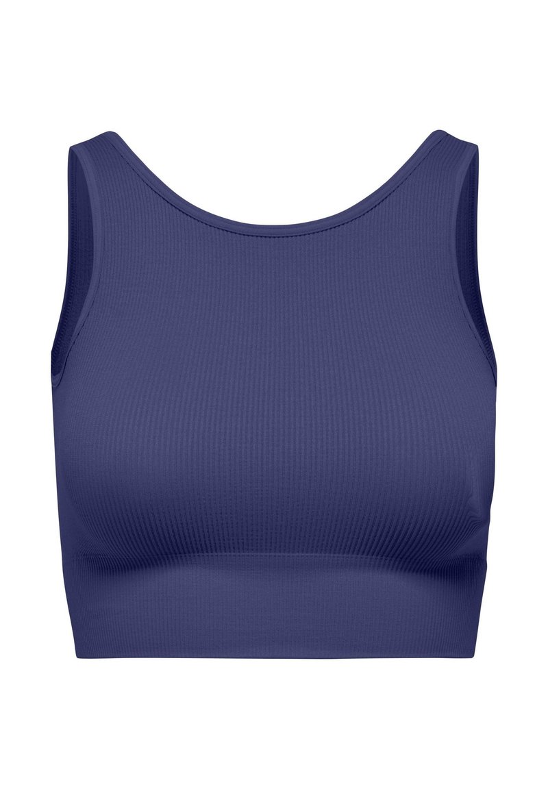 Marineblå ribbet crop top med rund halsudskæring og brede stropper. Blød tekstur og sømløst design uden synlige lukkemidler eller udsmykninger.
