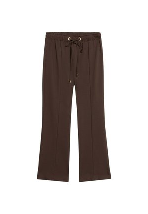 Pantaloni larghi marroni con vita elastica, chiusura con cordino e accenti metallici. Tessuto liscio, design versatile.