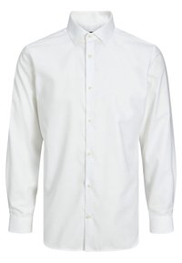 Camicia bianca a maniche lunghe in tessuto morbido, con colletto classico, aperture frontali con bottoni e polsini dritti con chiusura a bottone.