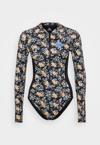 Svart langt ermet badedrakt med blomsterdesign i gult og blått. Har glidelås foran og tettsittende design.