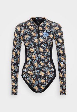 Schwarzer Langarm-Badeanzug mit floralem Muster in Gelb und Blau. Mit einem Reißverschluss vorne und enganliegender Passform.