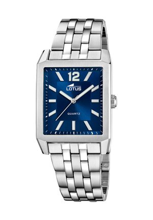 Silver-toned stainless steel watch with a rectangular blue dial. Features include silver hour markers, quartz movement, and a link bracelet.