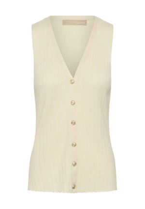 Gilet beige sans manches en maille côtelée avec col en V et six boutons décoratifs dorés sur le devant.