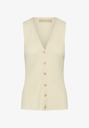 Beżowa bezrękawnikowa kamizelka z prążkowanego dzianiny z dekoltem w serek i sześcioma ozdobnymi guzikami w kolorze złotym z przodu.
