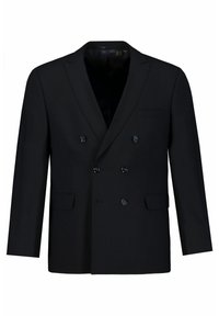 Zwarte dubbelrijige blazer van een gladde stof, met twee rijen knopen, notch revers en een enkele borstzak.