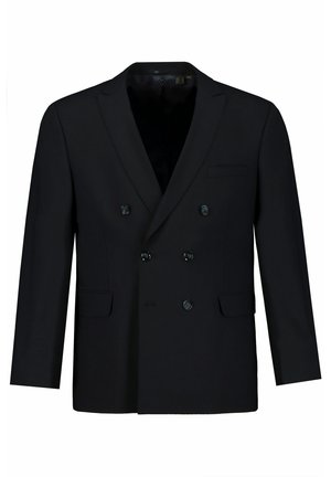 Schwarzes, doppelt geknopftes Blazer aus glattem Stoff, mit zwei Reihen Knöpfen, Reverskragen und einer einzelnen Brusttasche.