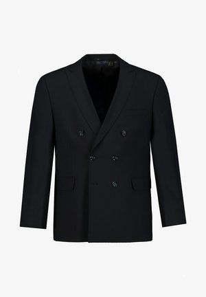 Blazer negro de doble botonadura, confeccionado en una tela suave, con dos filas de botones, solapas con muesca y un bolsillo en el pecho.