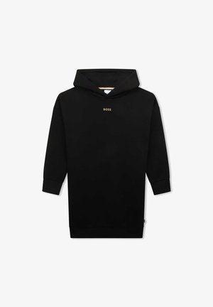 Robe sweat à capuche noire à manches longues avec le logo "BOSS" centré sur la poitrine et des poignets et ourlet côtelés, présentée sur fond blanc.