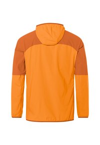 Veste légère orange avec capuche, présentant un design bicolore avec des accents orange plus foncés sur les épaules et les manches.