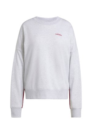 Grauer Sweatshirt mit langen Ärmeln, Rundhalsausschnitt und gerippten Bündchen. Mit dezentem roten "adidas"-Logo auf der Brust und roten Seitenakzenten.
