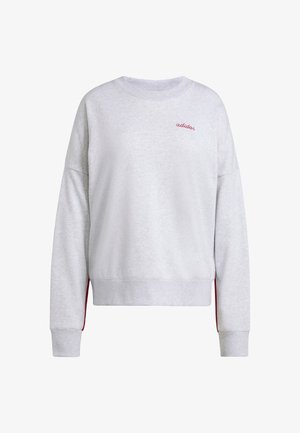 Grauer Sweatshirt mit langen Ärmeln, Rundhalsausschnitt und gerippten Bündchen. Mit dezentem roten "adidas"-Logo auf der Brust und roten Seitenakzenten.