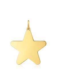 Pendente a forma di stella dorata con una superficie liscia e piatta e un piccolo anello per il fissaggio. Il design è minimalista e geometrico.