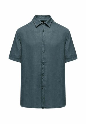 Ciemnoturkusowa koszula z krótkim rękawem na guziki z klasycznym kołnierzem, wykonana z lekkiej, teksturowanej tkaniny.