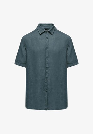 Ciemnoturkusowa koszula z krótkim rękawem na guziki z klasycznym kołnierzem, wykonana z lekkiej, teksturowanej tkaniny.