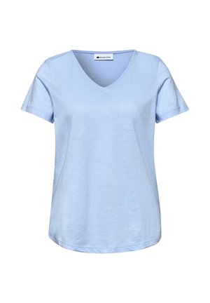 T-shirt femme bleu clair à manches courtes et col en V, coupe décontractée, avec une étiquette de la marque Street One à l'intérieur du col.