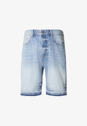 Helle blaue Denim-Shorts mit einem ausgewaschenen Design, rohem Saum, fünf Taschenstil und Metallknopfverschluss.