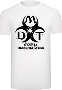 Hvit bomulls T-skjorte med svart grafikktrykk. Designet inkluderer et biohazard-symbol og teksten "Departementet for magisk transport."