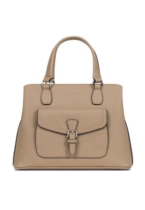 Borsa a mano in pelle beige con doppi manici, tasca frontale con cinturino con fibbia e superficie leggermente testurizzata.