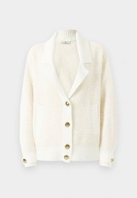 Cream textured cardigan with ribbed shawl collar, ribbed cuffs and hem, two front pockets, and gold-tone buttons down the front and cuffs.