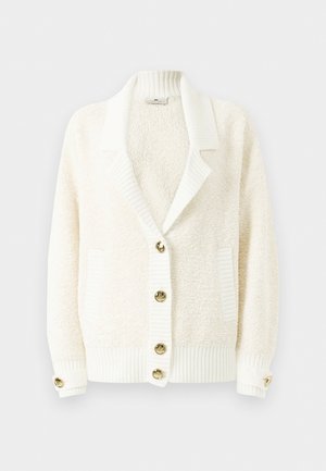 Cream textured cardigan with ribbed shawl collar, ribbed cuffs and hem, two front pockets, and gold-tone buttons down the front and cuffs.