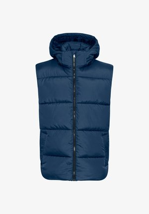 Marineblå puffer vest med hette, som har en hel frontglidelås, kviltet design og sidelommer. Glatt tekstur, lett isolasjon.