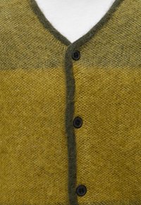 Gros plan sur un cardigan en tricot jaune moutarde avec une bordure vert foncé et trois boutons noirs sur fond blanc.