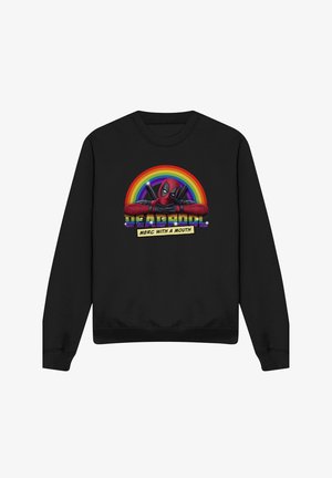 Black sweatshirt featuring Deadpool leaning on crossed arms with two swords behind him and a rainbow arc above, text reads "Merc with a Mouth."