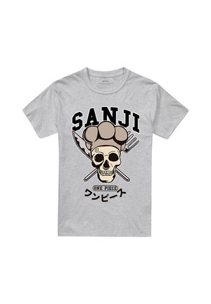 Light gray t-shirt with a skull wearing a chef hat, crossed knife and fork behind, and text "SANJI" and "ONE PIECE" in English and Japanese.