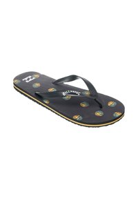 Schwarze Flip-Flops mit strukturiertem Fußbett, verziert mit einem floralen Muster in Grün und Gelb. Gummiriemen und Billabong-Logo oben.