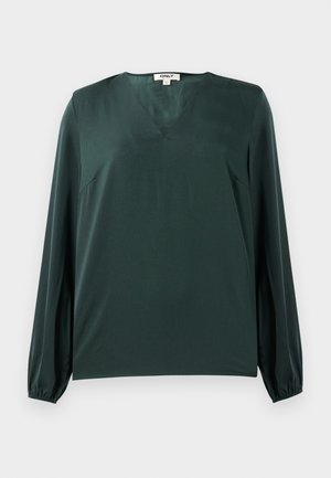 Dunkelgrüne Bluse mit langen Ärmeln, V-Ausschnitt und elastischen Manschetten. Glattes, leichtes Material mit minimalistischem Design.