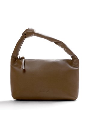 Borsa a mano in pelle marrone con manico attorcigliato e chiusura con cerniera, mostrata su sfondo bianco.