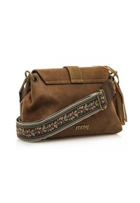 Borsa a mano in suede marrone con patta ripiegabile, hardware dorato e una tracolla ricamata con motivi floreali. Logo visibile sulla parte anteriore.