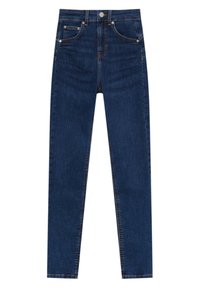 Vaqueros de mezclilla azul oscuro con corte slim, diseño de cinco bolsillos, costuras de cobre y un solo botón en la cintura.