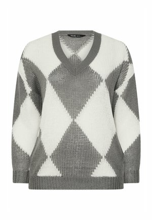 Maglione a V in maglia con grande motivo argyle grigio e bianco, polsini e orlo a coste e maniche lunghe.