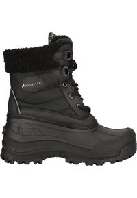 Botas de invierno negras aisladas con collar de piel sintética, material impermeable, suela de goma texturizada y parte delantera con cordones y ojales de metal.