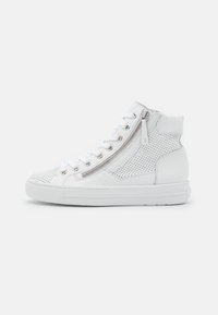 White high-top sneaker with perforated leather upper, side zipper, white laces, and white rubber sole on a plain background.