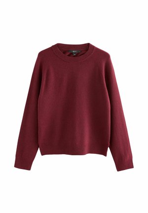 Bordeauxroter Pullover mit Rundhalsausschnitt und langen Ärmeln, mit gerippten Bündchen und Saum, aus weichem Strickstoff, mit dem Label "Next" innen am Kragen.
