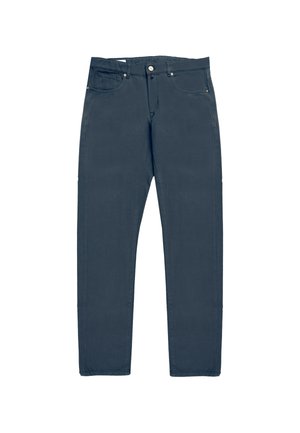 Dark blue cotton trousers featuring a classic five-pocket design, front button closure, and straight leg cut. Smooth texture with minimal detailing.