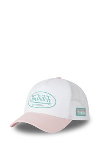 Casquette blanche avec une visière rose, arborant un logo turquoise de Von Dutch et le texte "California". Arrière en maille et étiquette latérale avec accent "So. Cal".