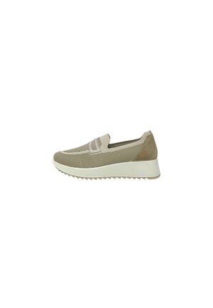 Sneaker beige slip-on con tomaia in maglia, fascia elastica, tallone in suede e suola platform bianca scanalata.