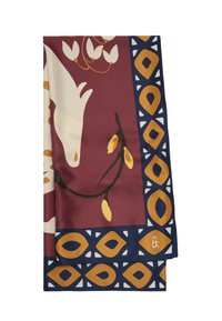Wielokolorowy jedwabny szalik z kwiatowymi i abstrakcyjnymi wzorami. Dominujące bordo tło z granatową obwódką zdobioną rombami i akcentami.